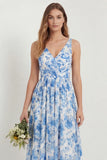 Blue Floral Printed A Line V Neck Long Bridesmaid Dress