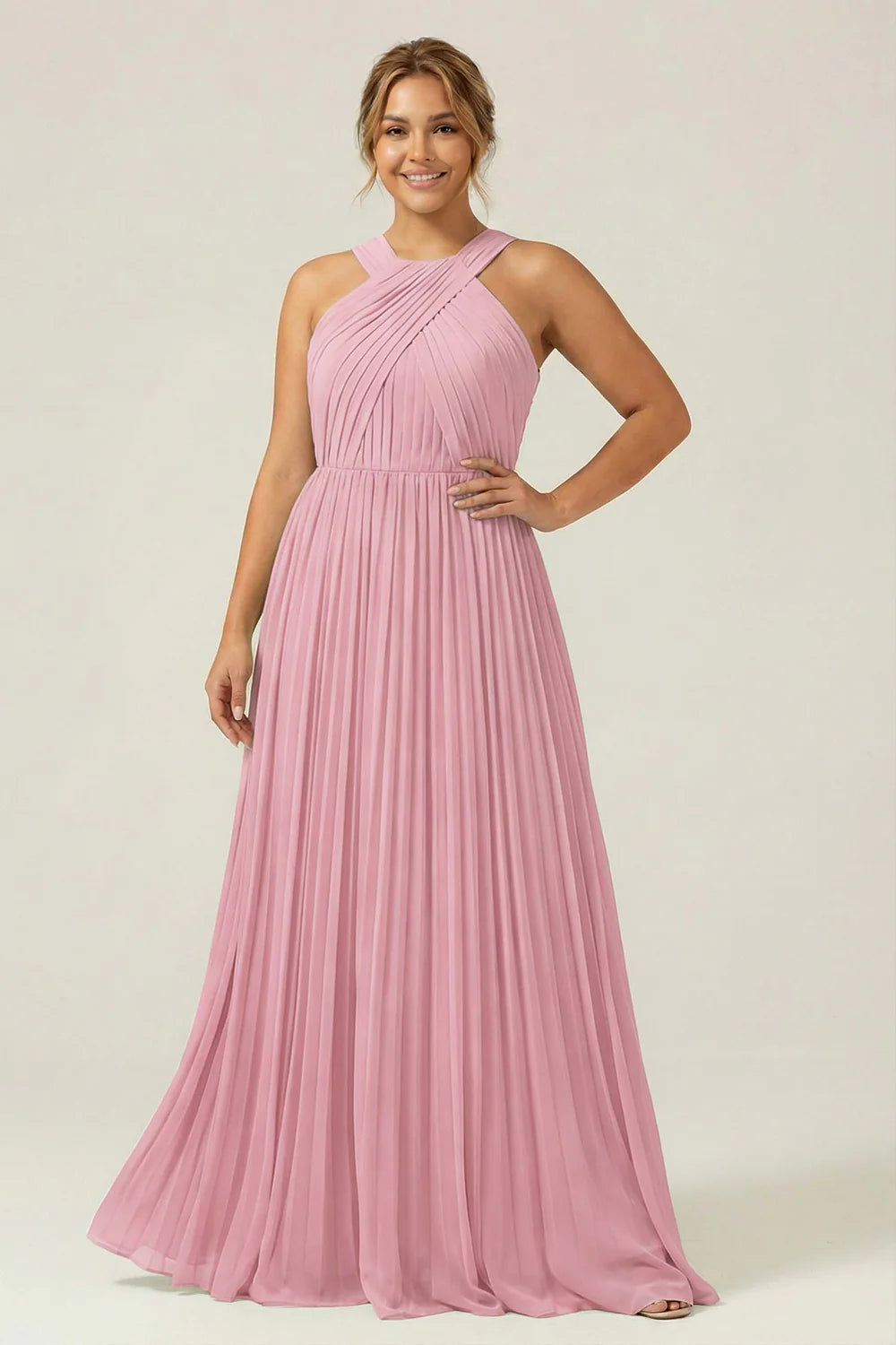 Halter A Line Dusty Sage Pleated Long Plus Size Bridesmaid Dress