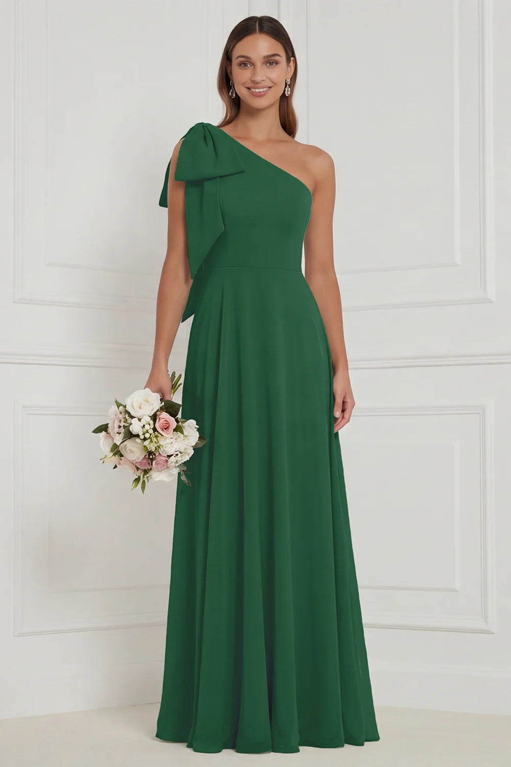 One Shoulder Bow A Line Sage Bridesmaid Dress with Lace up Back