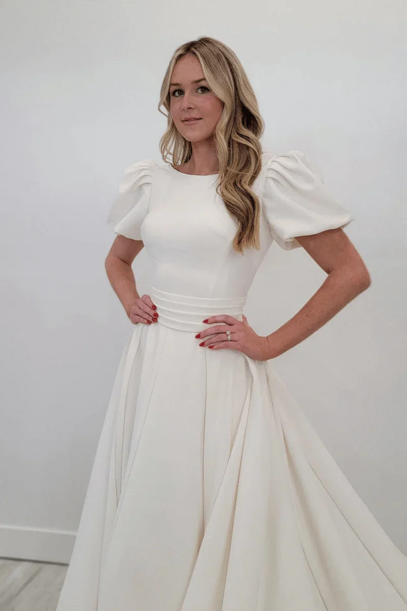 Ivory A line Puff Sleeves Satin Sweeping Long Wedding Dress