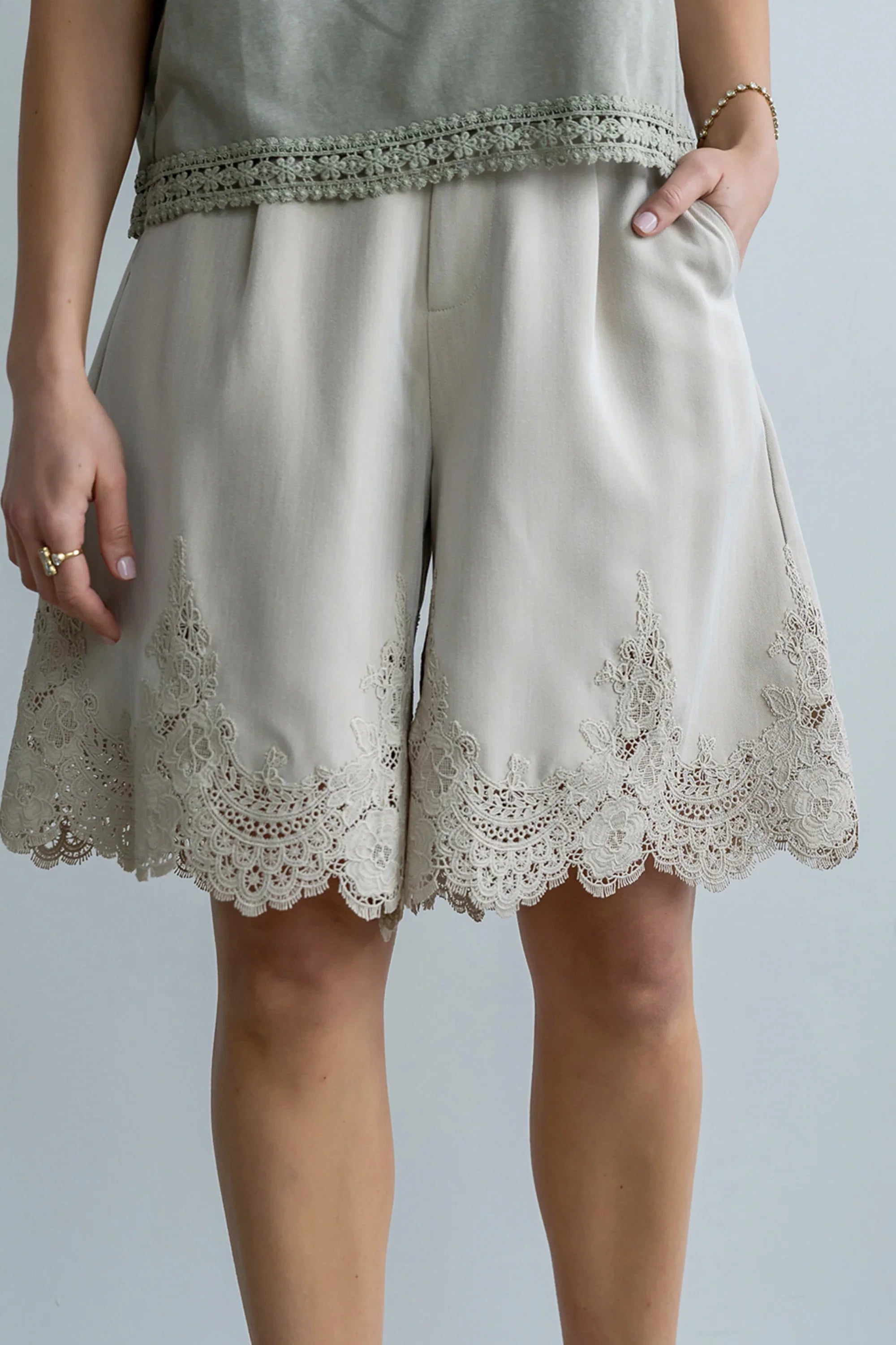 Mazie Lace Trim Shorts in Tan