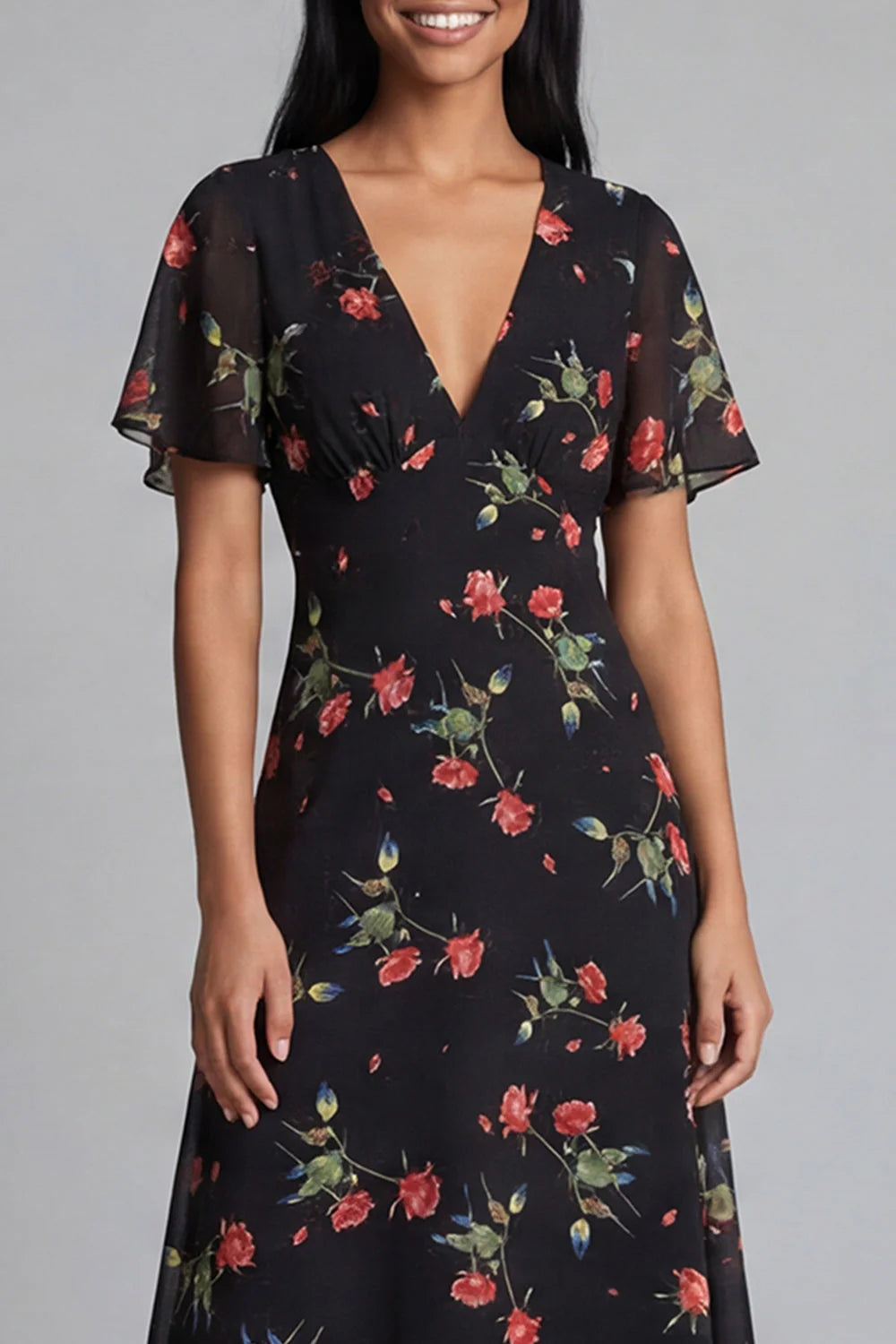 Floral Printed A Line Black Wedding Guest Dress with Short Sleeves