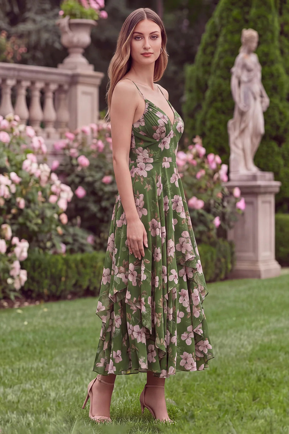 Floral A Line Spaghetti Straps Ruffled Green Wedding Guest Dress