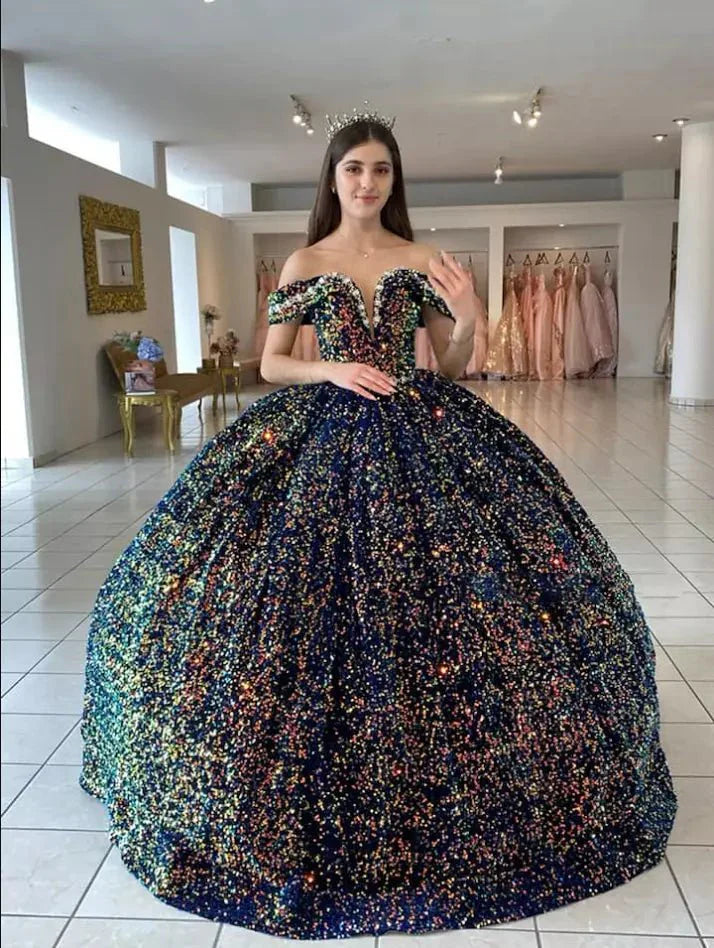 Sequined Ball Gown Off Shoulder Beaded Velvet Quinceanera Dresses