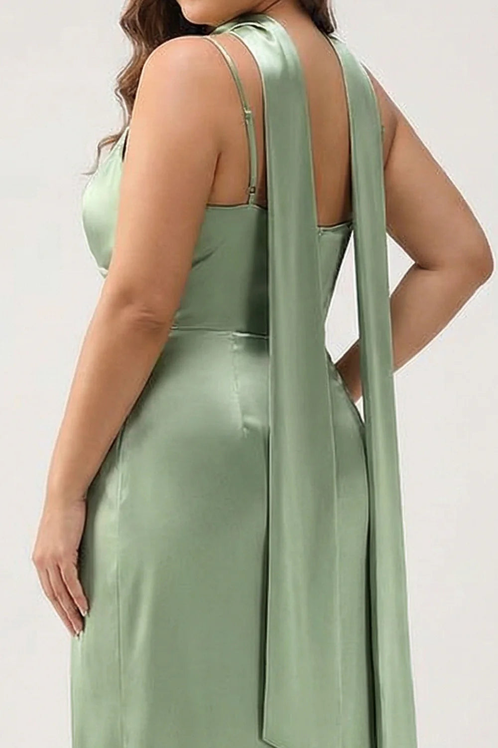 Sage Sheath Spaghetti Straps Streamer Long Satin Plus Size Bridesmaid Dress with Slit