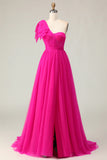 Fuchsia A Line One Shoulder Sheer Corset Tulle Long Prom Dress with Slit