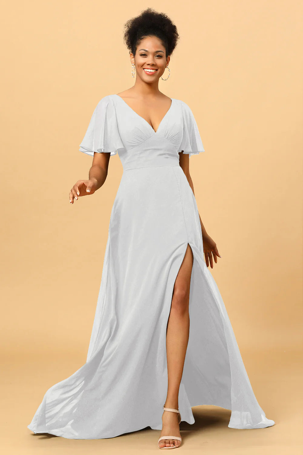 A Line V Neck Long Chiffon Bridesmaid Dress with Slit