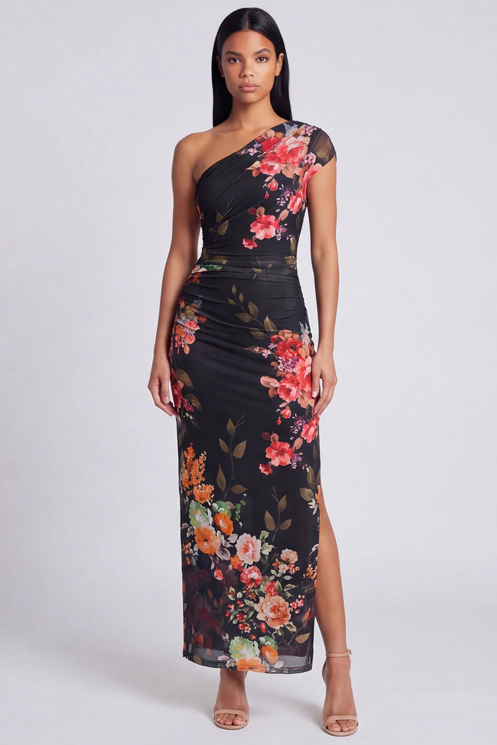 Black One Shoulder Sheath Floral Wedding Guest Dress with Slit