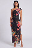 Black One Shoulder Sheath Floral Wedding Guest Dress with Slit