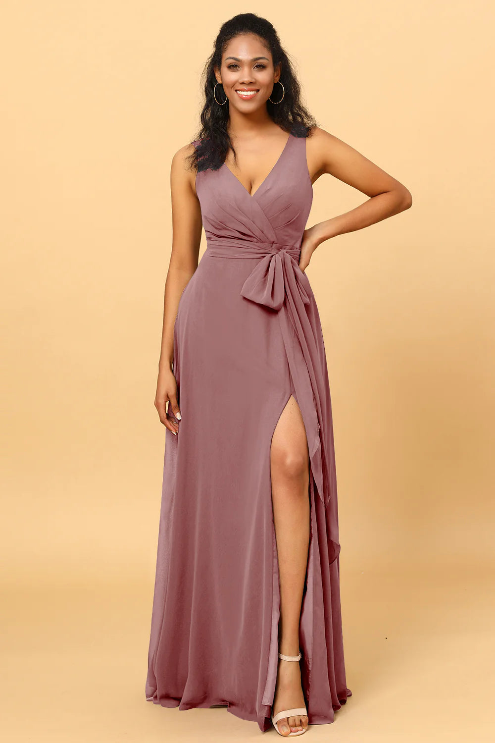 A Line V Neck Sleeveless Long Chiffon Bridesmaid Dress with Slit