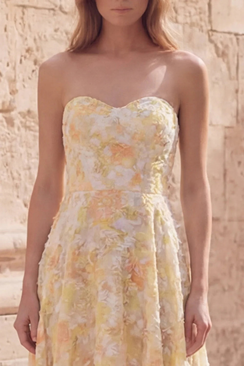 Floral Yellow Strapless High Low A Line Wedding Guest Dress