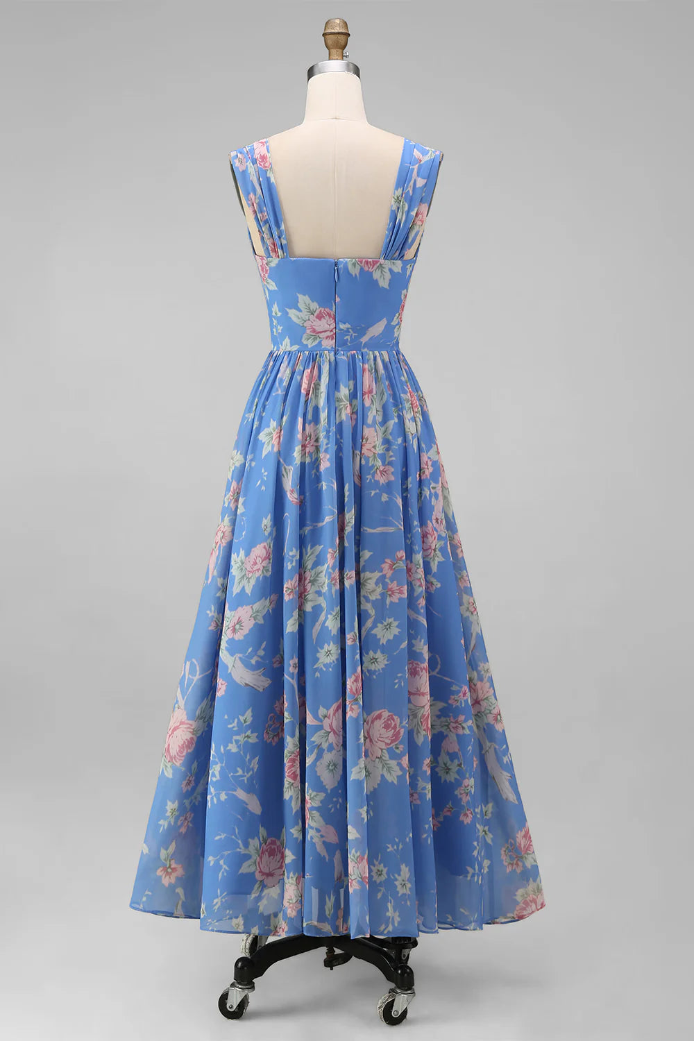 Floral Blue A Line Midi Wedding Guest Dress with Cap Sleeves