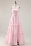 Blushing Pink A Line Strapless Chiffon Long Bridesmaid Dress with Slit