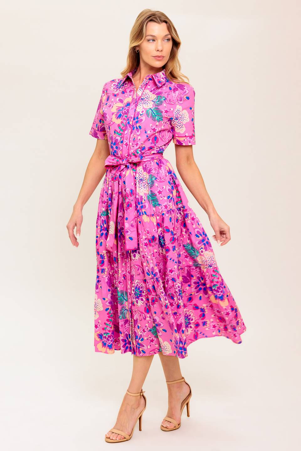 PETAL PRESS PINK PURPLE FLORAL MIDI DRESS