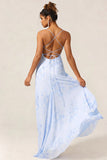 Blue Flower A Line Spaghetti Straps Chiffon Long Bridesmaid Dress with Slit