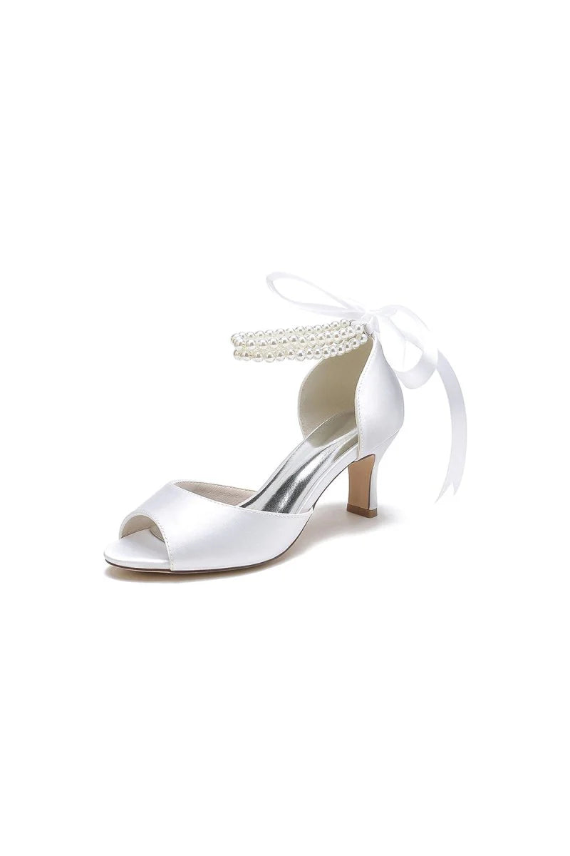 Chic White Satin Heels Featuring a Pearl Embellished Bow