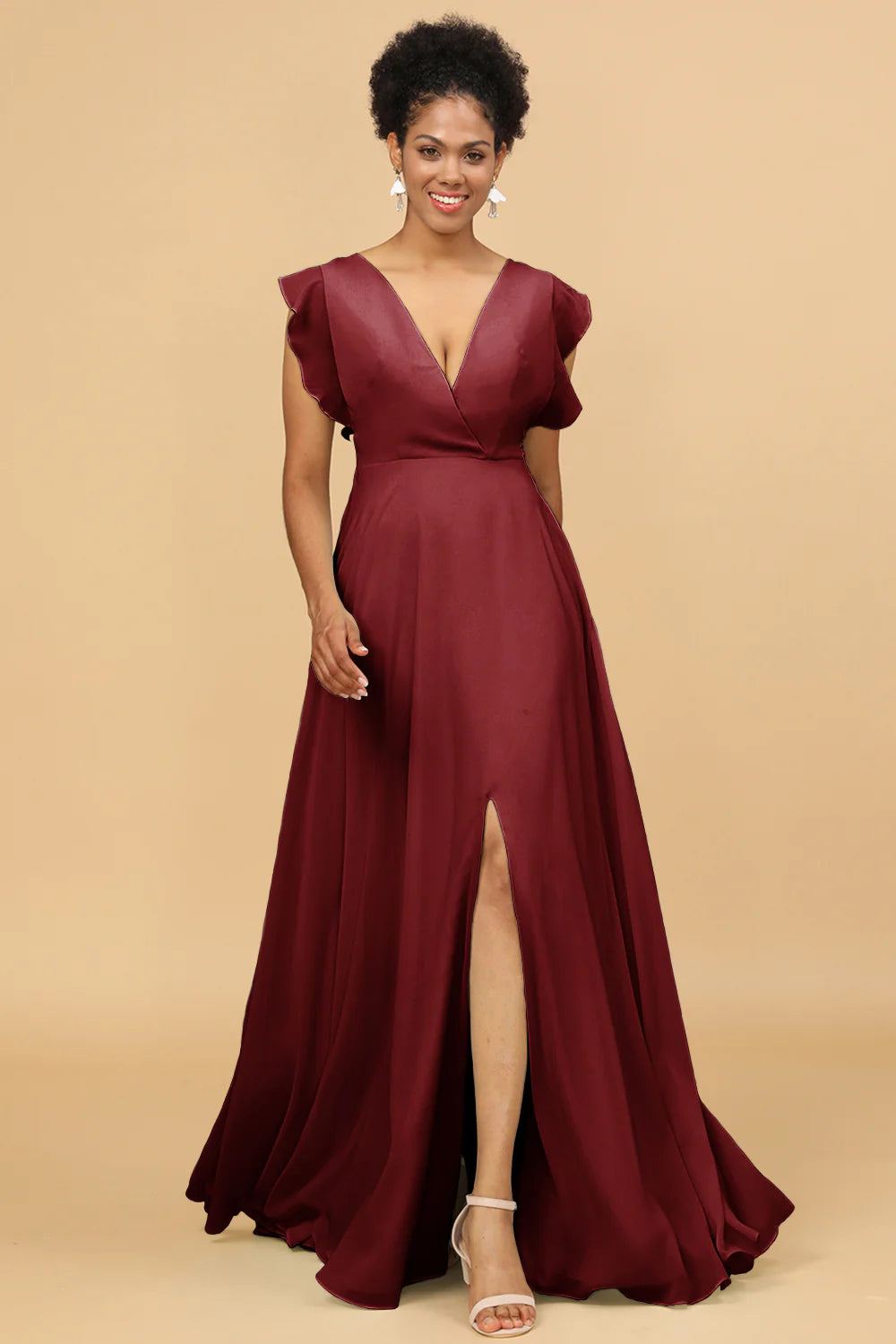 A Line V Neck Floor Length Chiffon Bridesmaid Dress with Slit