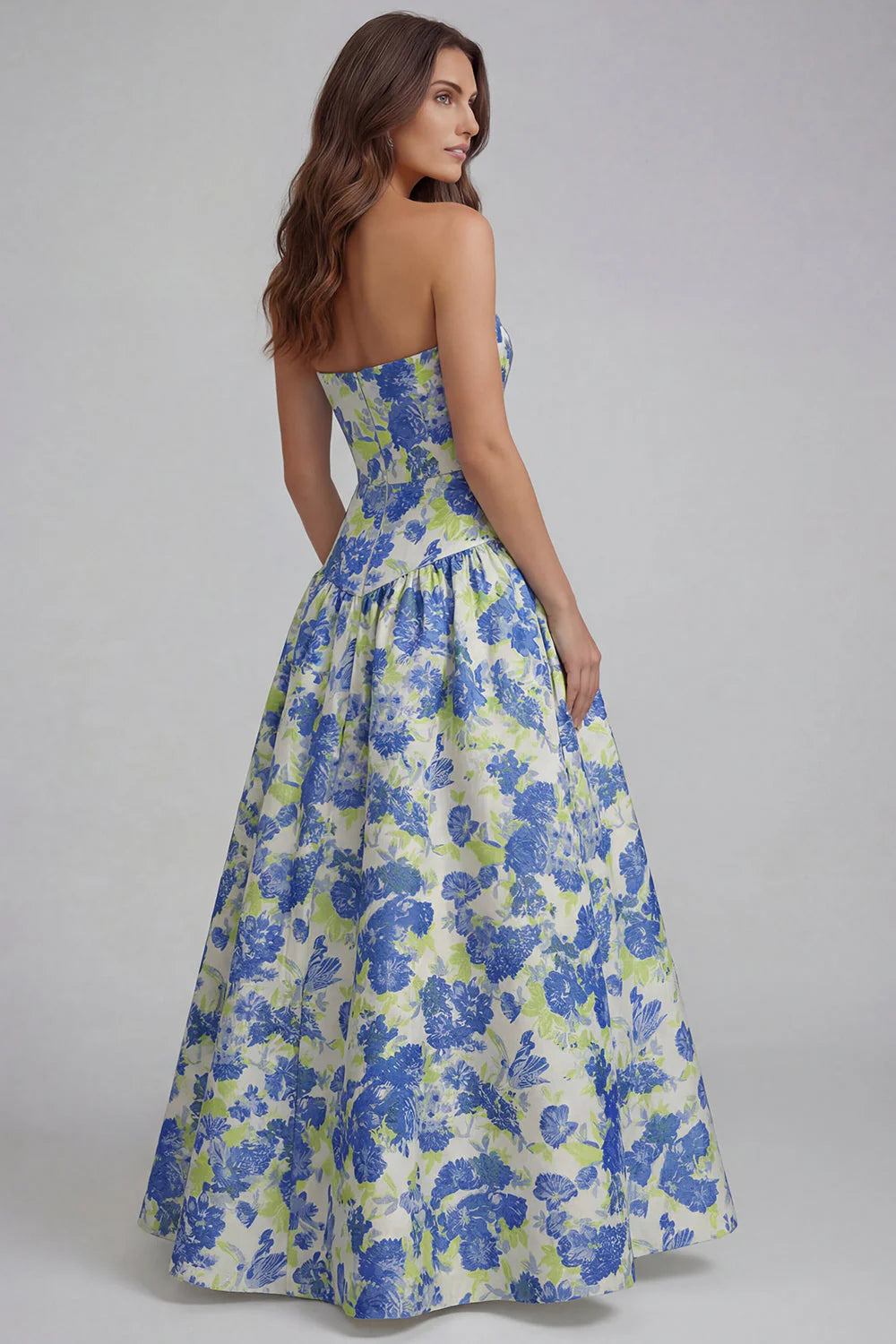 Blue White Flower Printed Strapless A Line Long Wedding Guest Dress
