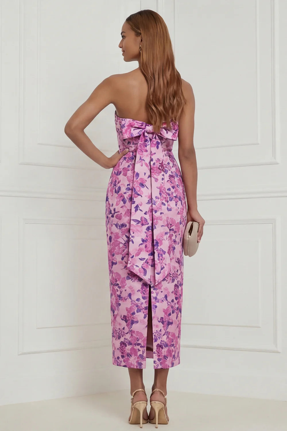 Strapless Fuchsia Sheath Floral Midi Wedding Guest Dress with Bow