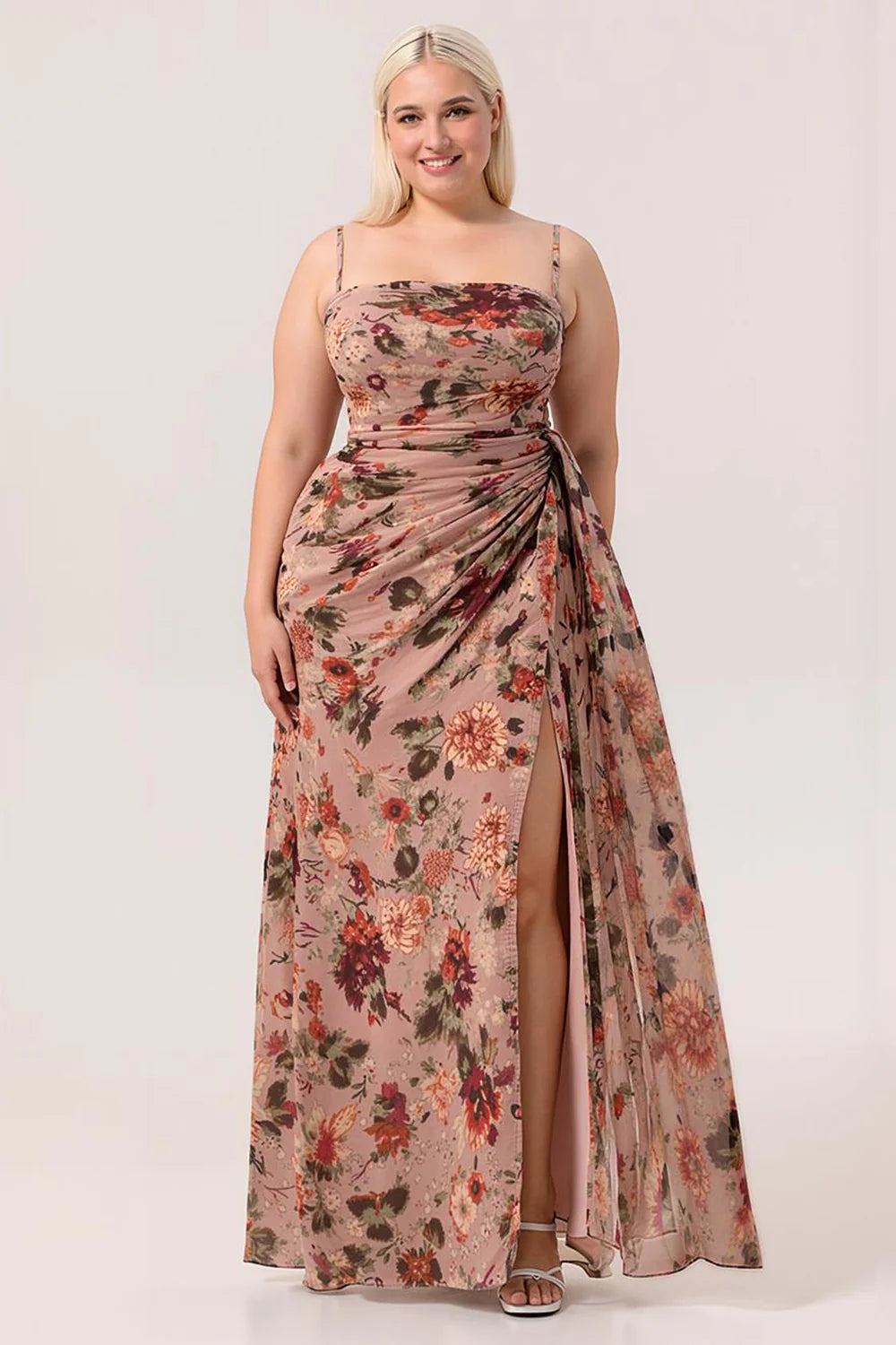 Dusty Rose Flower Fitted Corset Ruched Streamer Chiffon Long Plus Size Bridesmaid Dress with Slit