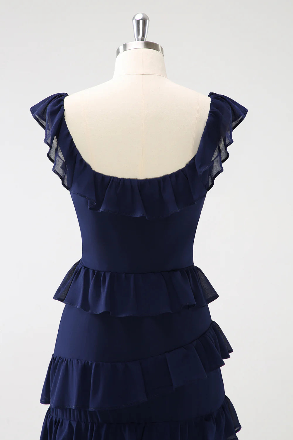 Dark Navy A Line Square Neck Tiered Long Chiffon Bridesmaid Dress with Ruffles