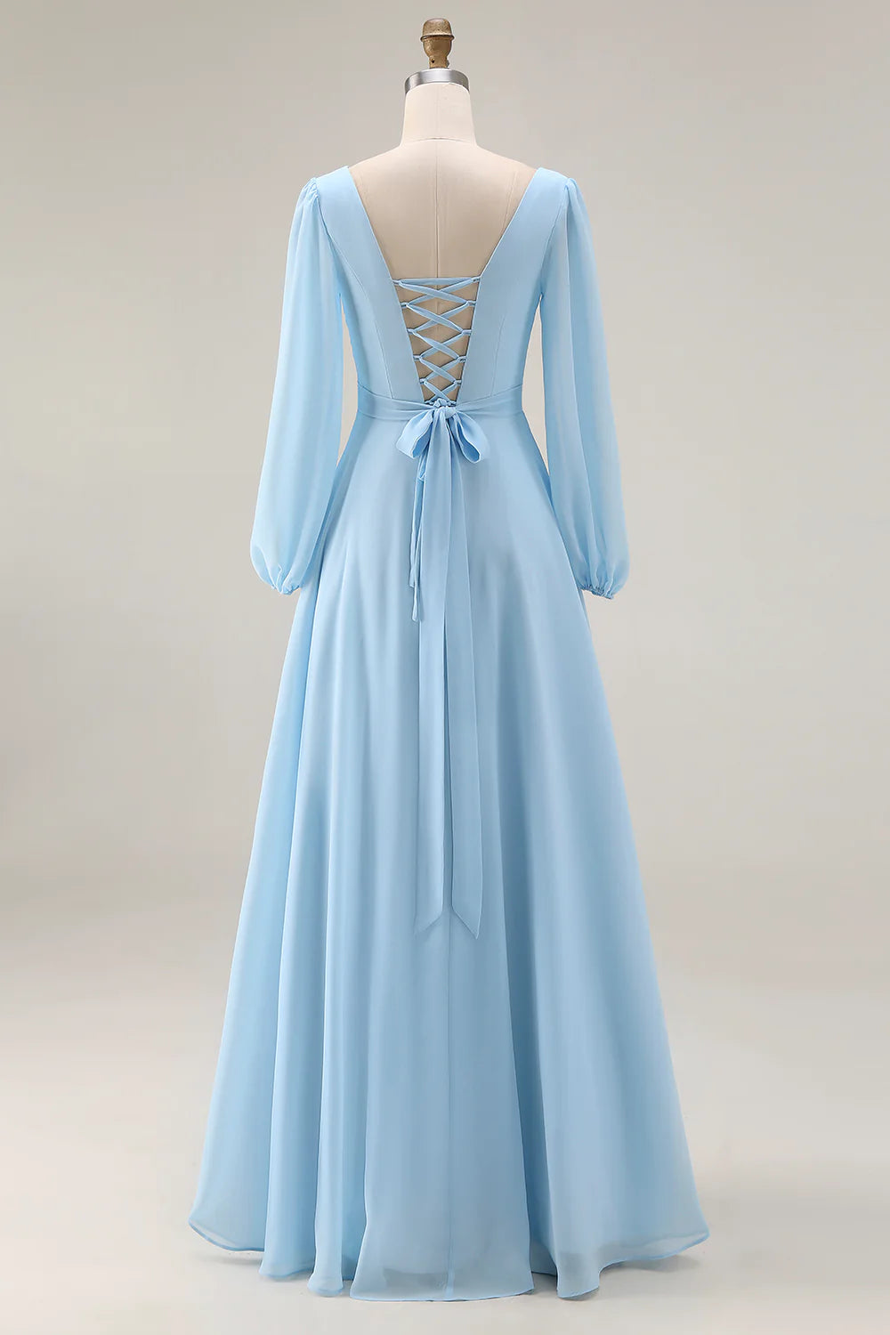 Sky Blue A Line V Neck Chiffon Long Sleeve Bridesmaid Dress