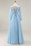 Sky Blue A Line V Neck Chiffon Long Sleeve Bridesmaid Dress