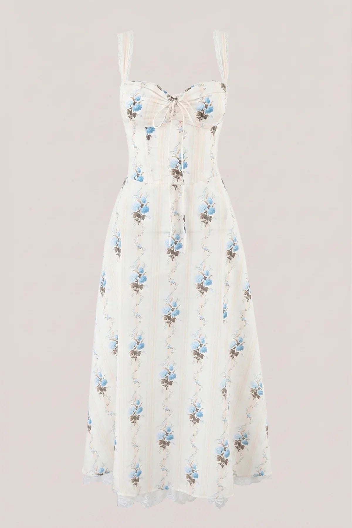 White Warm Rose Print Cotton Ruffled Midi Dress