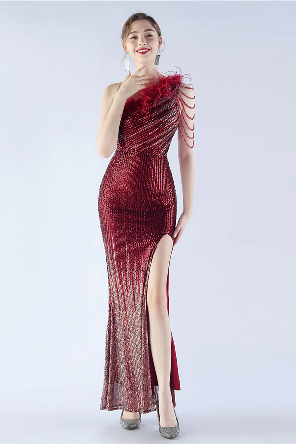 Glitter Black Bodycon Beaded Feather One Shoulder Evening Dress With Slit