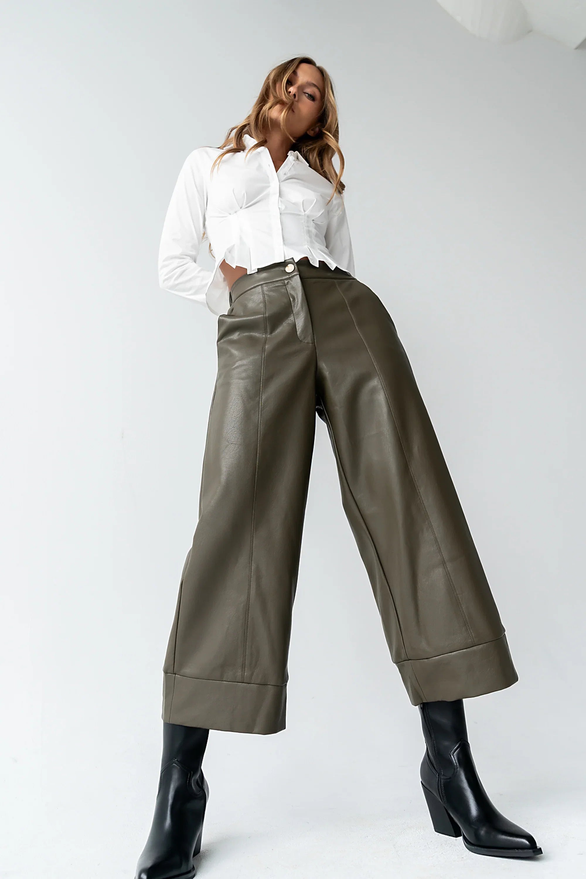 Ulani Vegan Leather Pants in Olive FINAL SALE