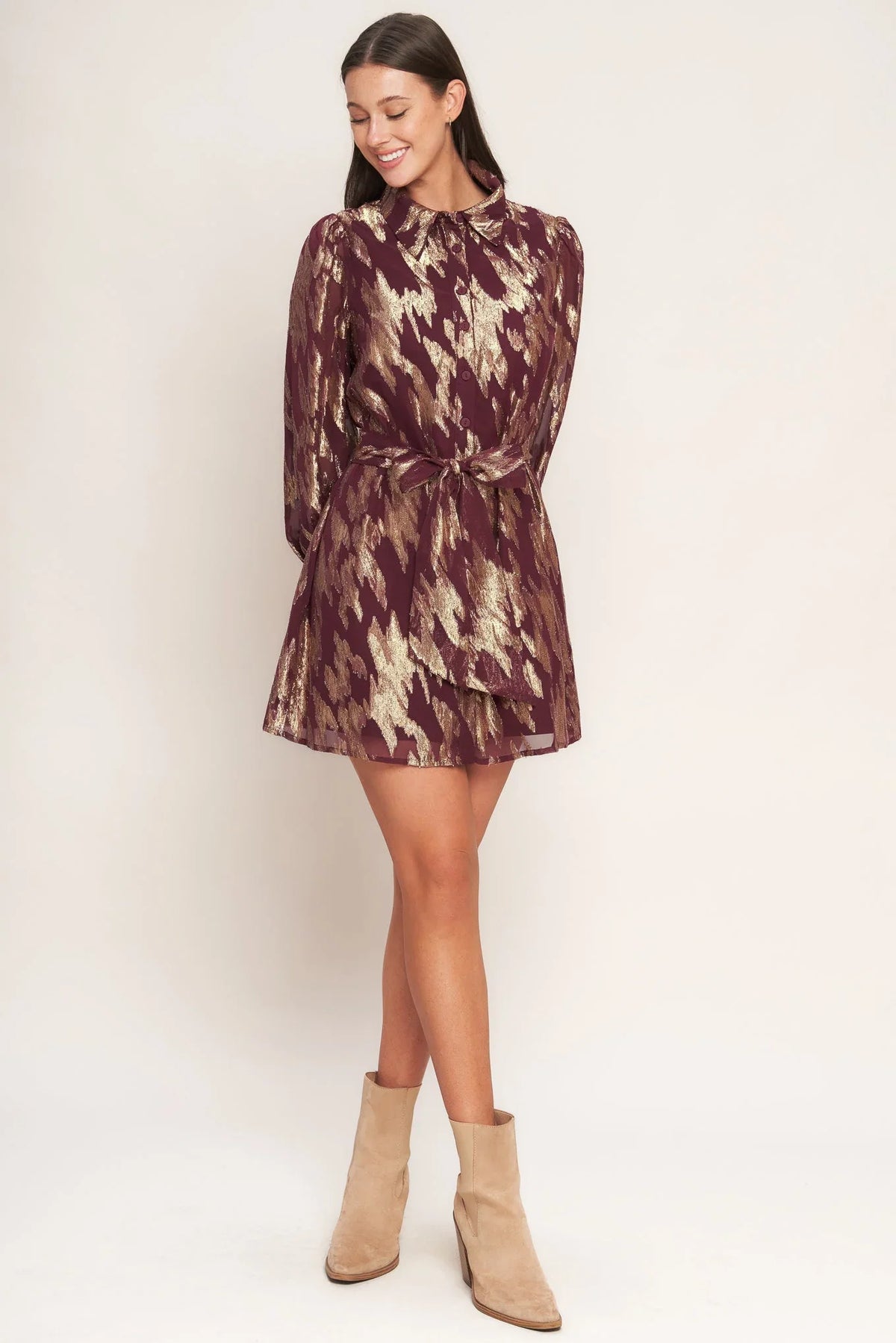 METALLIC MUSE BURGUNDY LONG SLEEVE MINI DRESS FINAL SALE