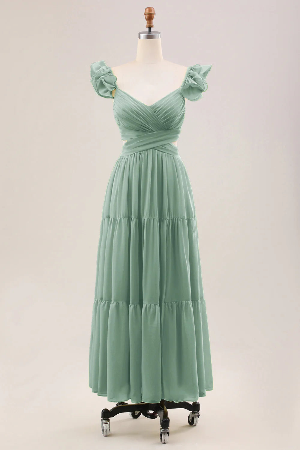 Simple A Line Pleated Chiffon Lemon Yellow Wedding Party Guest Dress with Ruffles