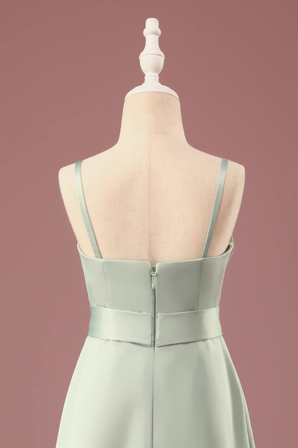Matcha A line Spaghetti Straps Long Satin Junior Bridesmaid Dress
