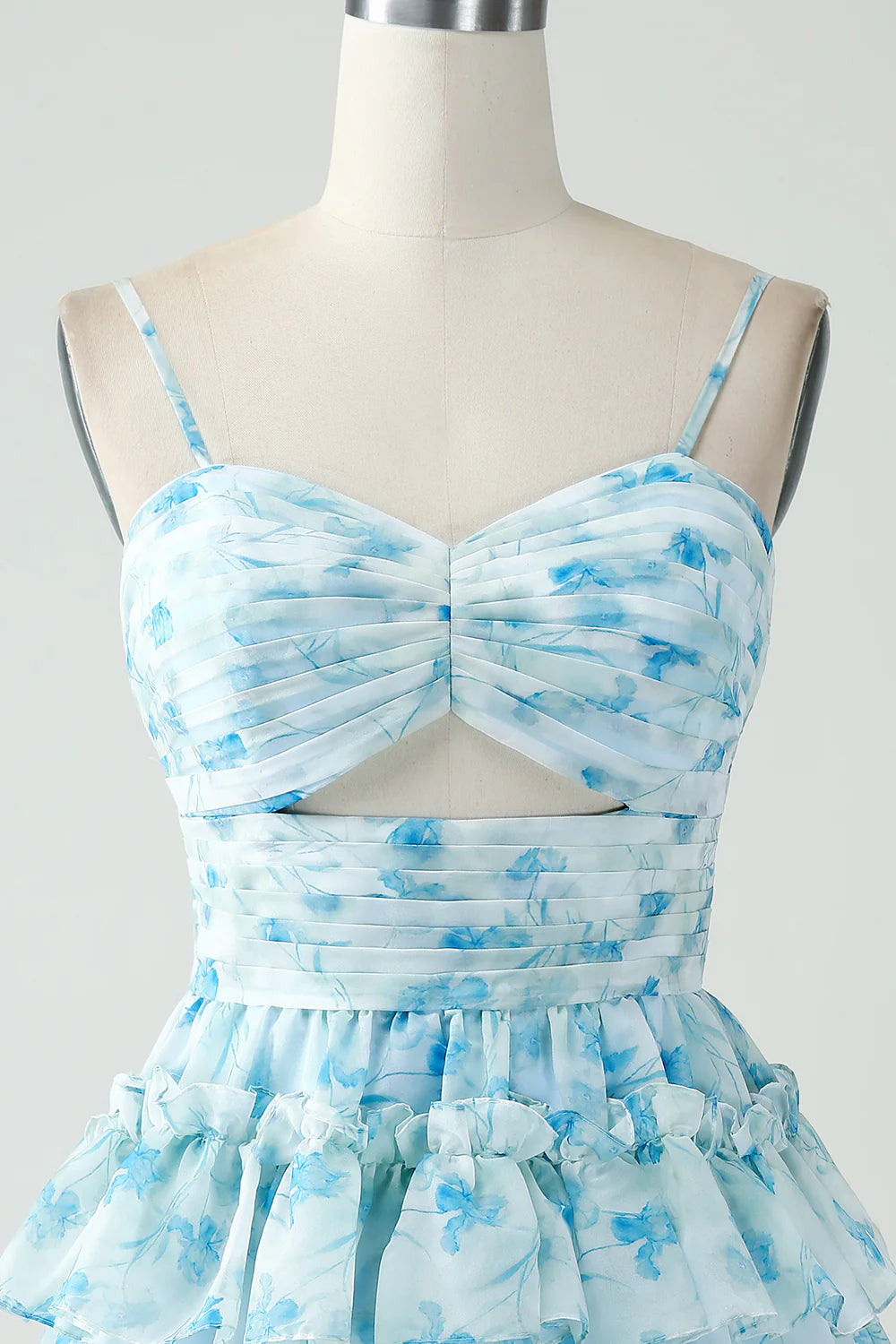 Blue Flower A Line Tiered Pleated Short Homecoming Dress