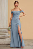 Dusty Blue A Line Off The Shoulder Bridesmaid Dress with Slit