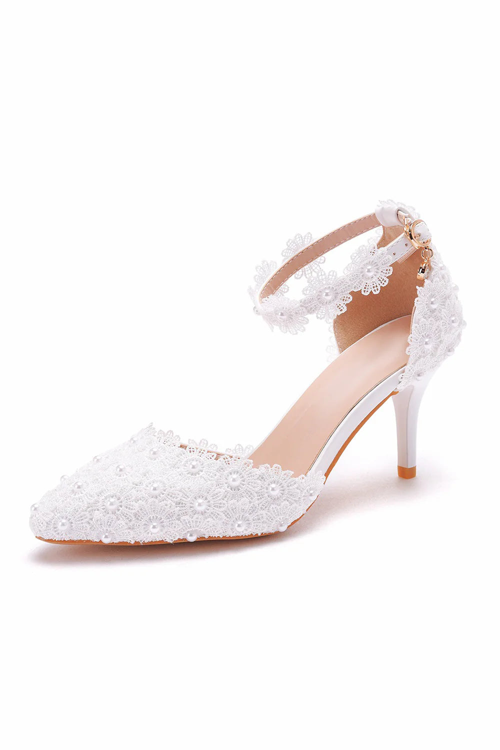 White Pointed Toe High Heels Sandals Lace Pearl Bridal Shoes