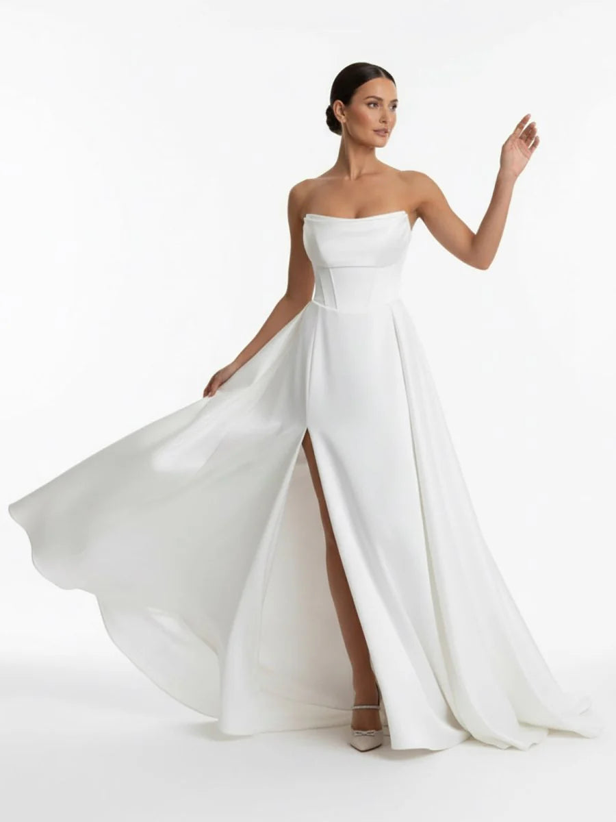 A Line Strapless White Satin Wedding Dresses with Slit