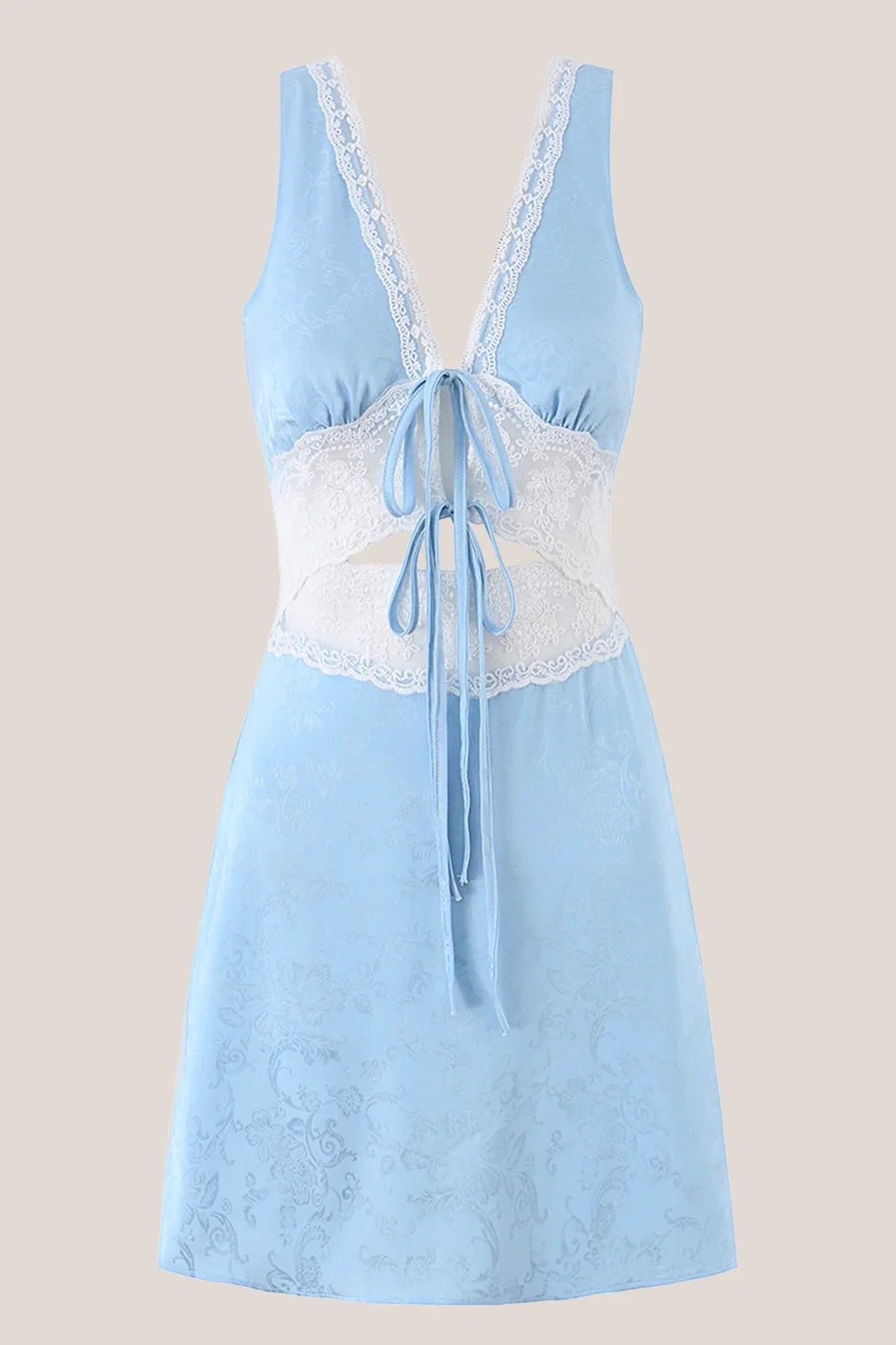 Blue V Neck Lace Cotton Sheath Mini Dress