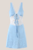 Blue V Neck Lace Cotton Sheath Mini Dress