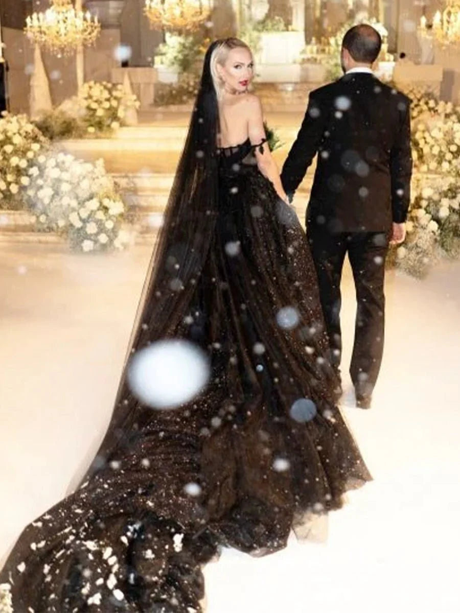 A Line Black Gothic Wedding Dresses with Sequin Lace Appliques