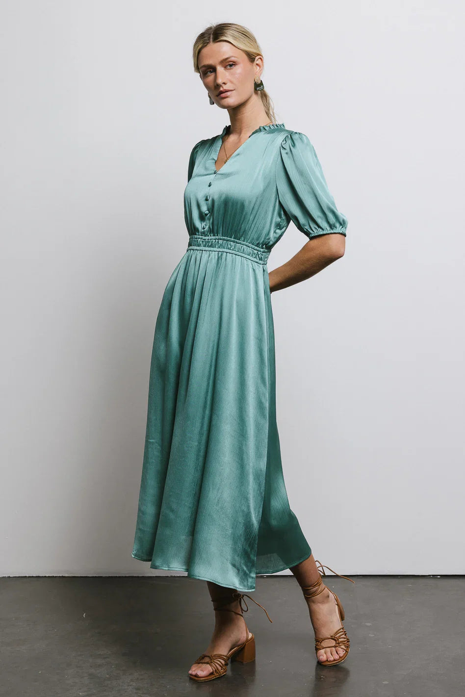 V Neck Satin Midi Dress in Seafoam FINAL SALE