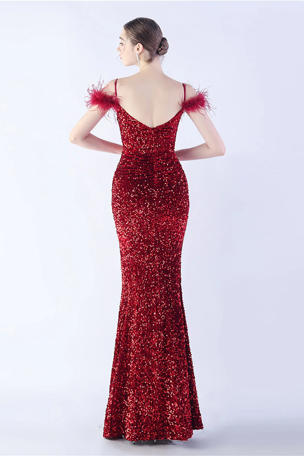 Mermaid Spaghetti Straps Sequin Formal Dress With Feathers