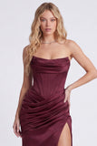 Burgundy Strapless Mermaid Ruched Corset Formal Dress with Slit