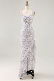 Blue Flower Sheath Chiffon Bridesmaid Dress with Ruffled Slit