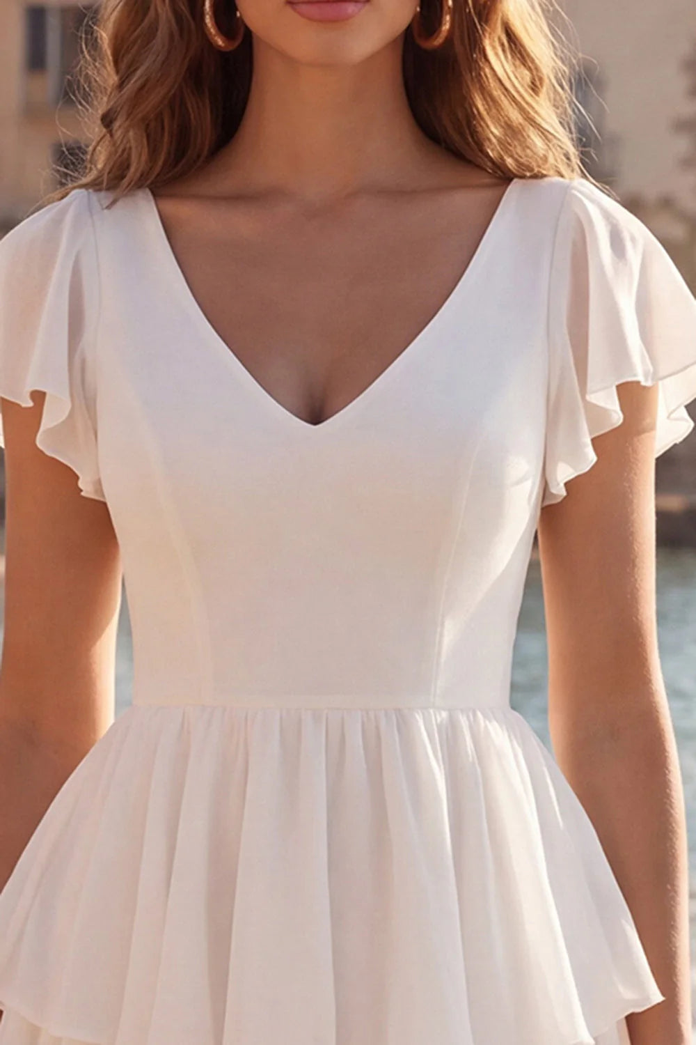White Tiered V Neck Ruffled A Line Mini Dress