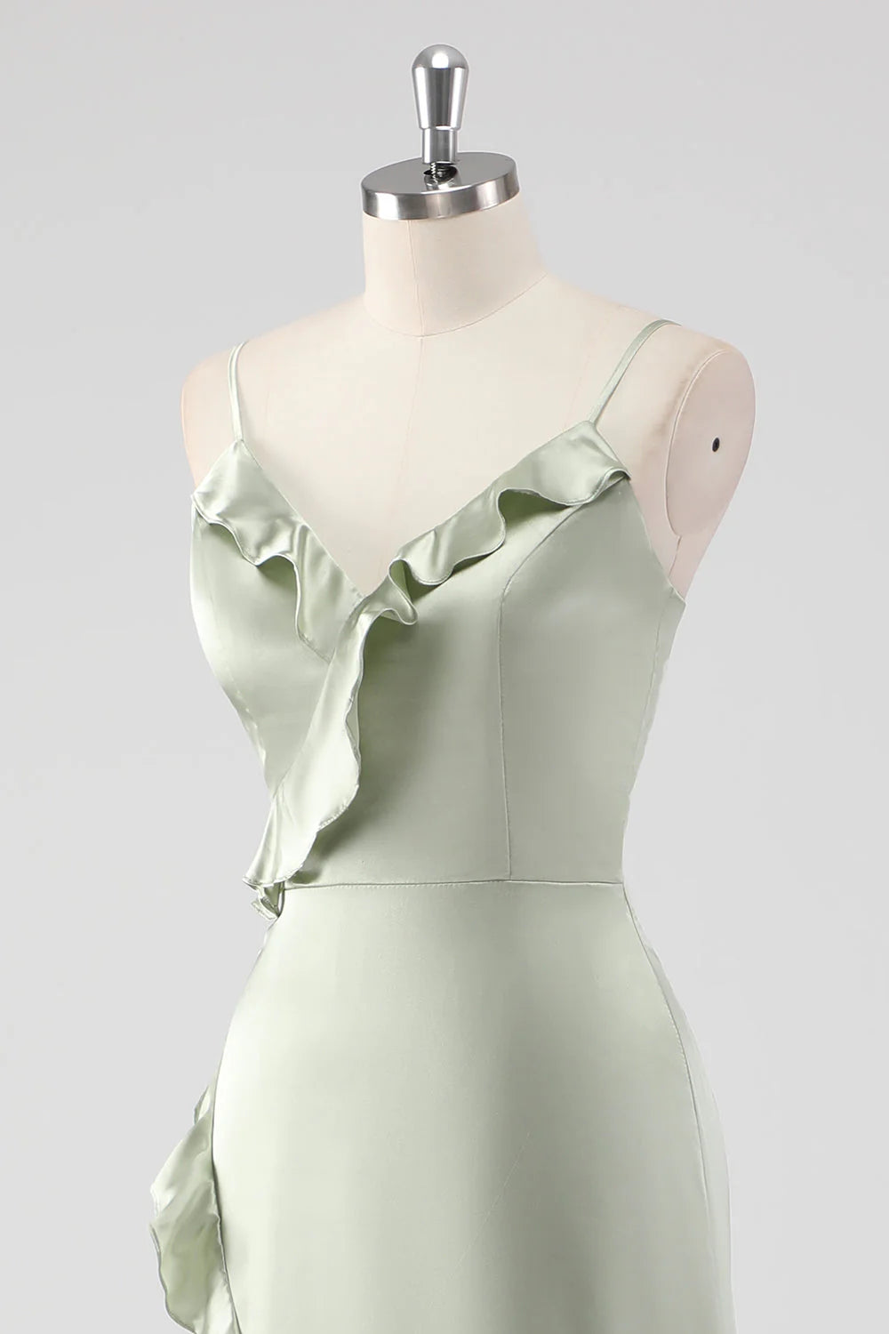 Sage Long Satin V Neck Ruffled Sheath Bridesmaid Dress