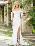 Amber Gown Off White Off Shoulder Stretch Spandex Satin Dress With Ties