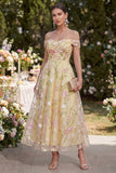 Floral Light Yellow Off the Shoulder Long Wedding Guest Dress