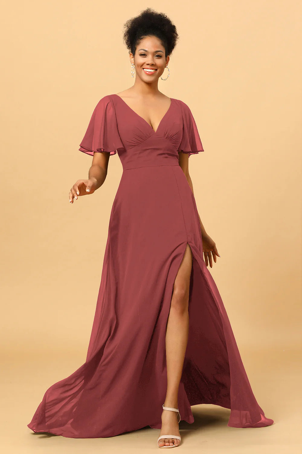 A Line V Neck Long Chiffon Bridesmaid Dress with Slit