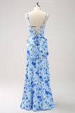 Blue Mermaid Spaghetti Straps Ruched Print Ruffle Bridesmaid Dress with Slit